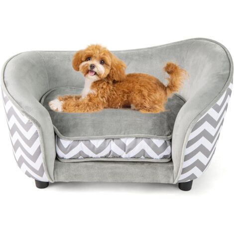 GOPLUS Panier Chien, Canapé pour Petit Animal avec Dossier et Accoudoirs Incurvés, Cadre en Bois, Lit pour Chien Matelas Moelleux, Housse Amovible et Lavable, Lit Surélevé avec Charge de 50 KG, Gris (1/5)