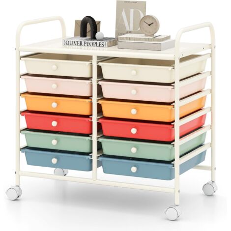GOPLUS Chariot Rangement avec 12 Tiroirs Amovibles PP,Chariot à roulettes avec Roues Bloquantes et Poignées, Cadre en Métal pour Salon, Cuisine, Max. 10KGx6, 62,5 x 37 x 62,5CM (Coloré) (1/5)