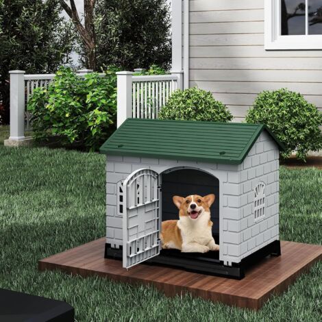 GOPLUS Niche pour Chien Exterieur en PP, Cabane Chien Exterieur Interieur avec 3 Fenêtres, Porte Verrouillable, Toit en Pente, Plateau de Toilette Amovible, Ventilé&Imperméable, 75 x 58 x 65 CM (Vert) (1/5)
