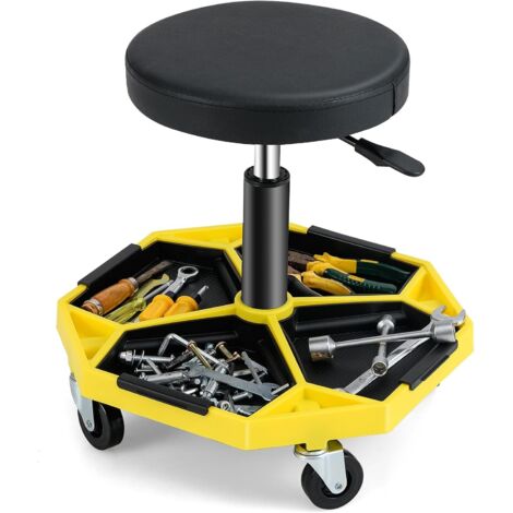 GOPLUS Tabouret d’Atelier avec 4 Roues Universelles, Haute Réglable, Tabouret Mécanique avec Rangement d’Outils, Siège Pivotant 360° pour Garage/Atelier, Charge 150 kg (Jaune) (1/5)