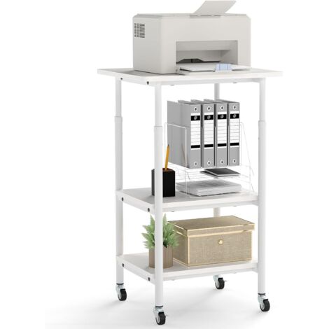GOPLUS Support d'Imprimante 3 Niveaux 49×40×77 CM, Meuble Imprimante à roulettes Verrouillables avec 2 Hauteurs Réglables 65/77CM, Organisateur de Bureau Style Industriel Fax Scanner (Blanc) (1/5)