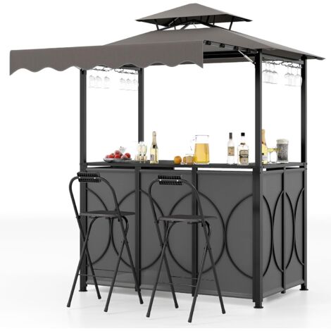Goplus – Ensemble de bar 4 pièces avec tonnelle et auvent latéral – Table de bar 107 cm – 2 tabourets pliants – 4 porte-verres intégrés – Tissu polyester résistant (1/5)
