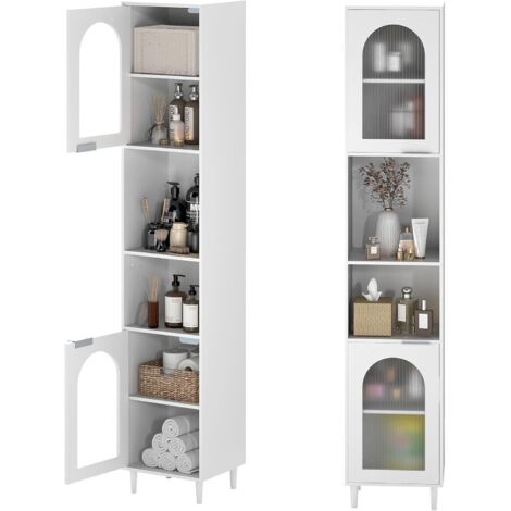GOPLUS Meuble Salle de Bain Haut avec 2 Placards à Porte Verre Strié & 2 Compartiments Ouverts, Colonne Salle de Bain à Étagères Réglables, Pieds Surélevés, Armoire de Rangement Cuisine, 35x30x180 CM (1/5)