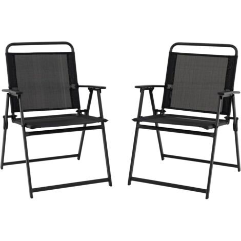 GOPLUS Lot de 2 Chaise de Jardin Exterieur Pliable et Portable, Fauteuil de Jardin en Tissu avec Cadre en Métal, Dossier et Accoudoirs, Charge 150 kg, Idéal pour Terrasse, Balcon (57x55x83cm, Noir)