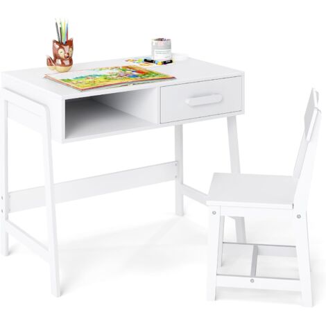 GOPLUS Bureau Fille Garçon 3+ Ans, Table Enfant avec Chaise Ergonomique, Table d'Étude en Bois avec Tiroir, Bureau Enfant avec Rangment pour Chambre et Salle d'Étude, Charge 75/55 KG (Blanc) (1/5)