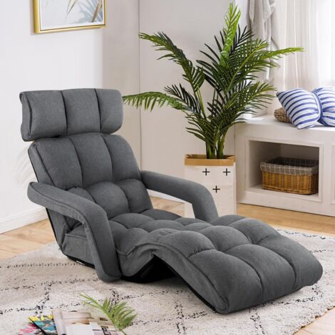 GOPLUS Fauteuil de Sol Pliable à Accoudoirs avec Tête, Dossier et Pieds Ajustables, Chaise de Sol Multifonctionnel pour Lecture, Yoga, Méditation, Canapé Paresseux Rembourré Charge 120KG (Gris Foncé) (1/5)