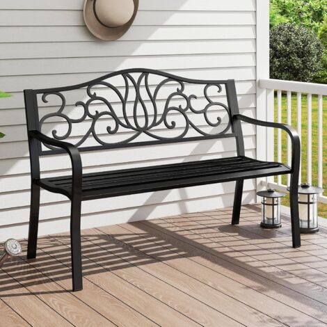 GOPLUS Banc Jardin Exterieur 2 Personnes, Banquette Jaridn en Metal Fonte avec Motif Floral, Dossier Incliné, Surface à Lattes, pour Jardin, Balcon, Charge 300KG, 127 x 61 x 89 CM (1/5)