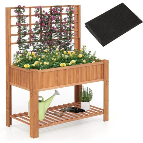 GOPLUS Jardinieres Exterieur en Design Surélevé avec Treillis, 4 Trous de Drainage et Doublure Amovible, Jardiniere sur Pied en Bois avec Étagère Inférieure à Lattes pour Garder Les Outils (Café) (1/5)