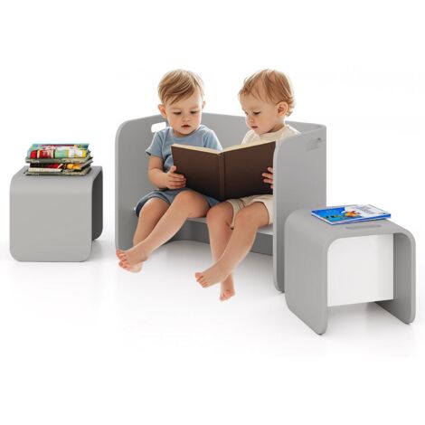 GOPLUS Table Enfant avec 2 Chaise en Forme de U, Bureau Enfant en Bois de Bouleau avec Poignées Rainurées et Coins Arrondis, Gain de Place, Charge 50/100KG, Table d'Activités pour 2+ Ans (Gris) (1/5)