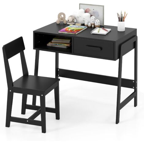 GOPLUS Bureau Fille Garçon 3+ Ans, Table Enfant avec Chaise Ergonomique, Table d'Étude en Bois avec Tiroir, Bureau Enfant avec Rangment pour Chambre et Salle d'Étude, Charge 75/55 KG (Noir) (1/5)
