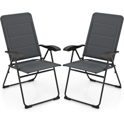 GOPLUS Lot de 2 Chaises de Jardin Pliantes, Chaises Pliantes avec 7 Positions de Dossier Réglables, Accoudoir, Ensembles de Bistrot Rembourrés pour Jardin, Terrasse, Balcon ou Arrière-Cour (Gris) (1/5)