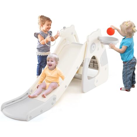 GOPLUS 4 en 1 Toboggan Enfant Interieu Pliant, Toboggan Bebe avec Panier de Basket, Ballon Basket et Pompe à Air en HDPE, Jeu d'escalade pour Enfants 3 Ans+,148 x 71 x 67 cm