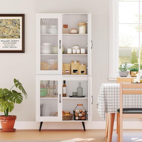 GOPLUS Buffet Haut Cuisine Salle a Manger, Armoire de Cuisine avec Portes Cannelées & Étagère Réglable, Placard Haute Moderne pour Salon, 80X40X178,5 CM (Blanc) (1/5)