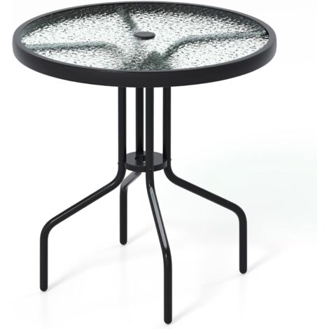GOPLUS Table Bistrot d’Exterieur, Table à Manger Ronde de 70 cm avec Plateau en Verre Trempé et Trou pour Parasol de 4 cm, Structure en Métal Robuste, pour Jardin, Terrasse, Véranda, Noir 70x70CM (1/5)