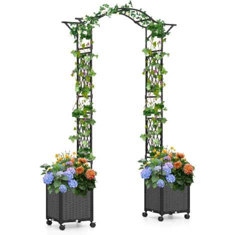 GOPLUS Arche de Jardin avec 2 Jardinières, Pergola en Métal avec Roues, Revêtue en PE Antirouille, Support pour Plantes Grimpantes, pour Porte,208x40x250CM,Gris (1/5)
