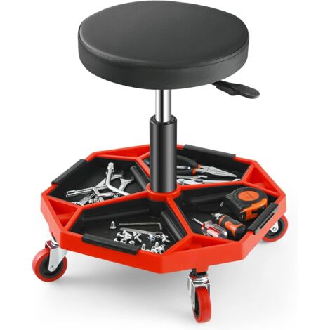 GOPLUS Tabouret d’Atelier avec 4 Roues Universelles, Haute Réglable, Tabouret Mécanique avec Rangement d’Outils, Siège Pivotant 360° pour Garage/Atelier, Charge 150 kg (Rouge) (1/4)