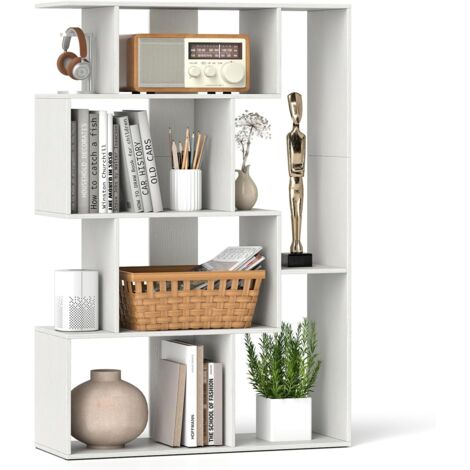 GOPLUS Bibliotheque en Forme S à 4 Niveaux, 80 x 30 x 119 CM, Bibliotheque Livre Autoportante avec 6 Compartiment Ouvert, 2 Dispositif Anti-basculement, Étagère de Rangement pour Bureau, Salon (Blanc) (1/5)