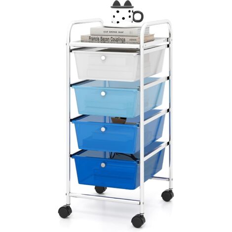 GOPLUS Desserte à Roulettes avec 4 Tiroirs Coulissant, 37 x 32 x 76 CM, Chariot de Rangement à Roulettes Universelles, Cadre en Acier, Poignée Latéral Pratique,pour Maison, Bureau, École (Bleu) (1/5)
