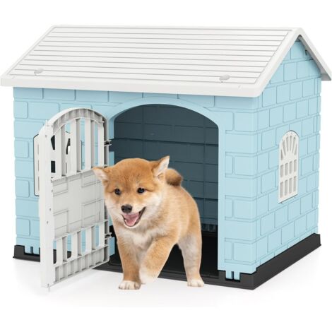 GOPLUS Niche pour Chien Exterieur XXL en PP, Cabane Chien Imperméable&Ventilé, Maison pour Chiot Interieur avec Porte, 3 Fenêtres, Toit Incliné, Plancher Surélevé, Cage pour Chiots, 75x58x65CM (Blue) (1/5)