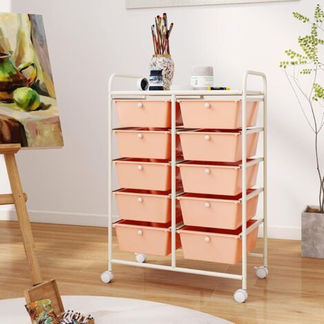 GOPLUS Chariot à roulettes avec 10 Tiroirs, Chariot de Rangement à 4 roulettes, 2 avec Frein, Cadre en Fer & Tiroirs en Plastique pour Chambre, Bureau, Pêche Cadre Blanc (Pêche) (1/5)