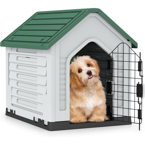 GOPLUS Niche pour Chien Exterieur 67×52×60 CM, Cabane Chien Exterieur en PP Imperméable avec Porte Grillagée Verrouillable, Toit Incliné et Plancher Surélevé, Aérations à Côtés, Abri Chiot (Vert) (1/5)