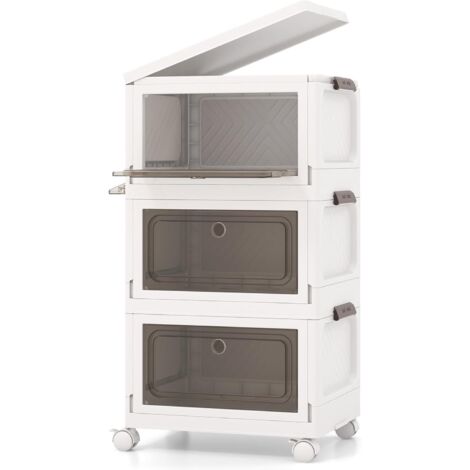 GOPLUS Lot de 3 Boîtes de Rangement Empliable, Portes Transparentes & 4 roulettes Universelles 2 Ouvertures, Armoire Pliable en PP avec Convercle pour Stockage & Présentation, pour Chambre (75 L) (1/5)
