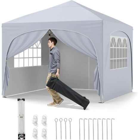 GOPLUS Tonnelle de Jardin Exterieur, Tonnelle Pliante 3 x 3 M Tente Portable Gazebo avec Poids Lestage, Parois Latérales, Abri Solaire Extérieur avec Sac roulettes, 4 Cordes/Ancres, 8 Piquets (Blanc) (1/5)