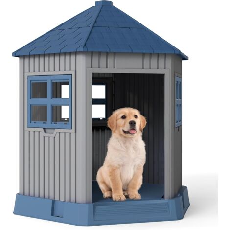 GOPLUS Niche pour Chien Exterieur/Interieur, Niches à Chien avec Lucarne & Ouvertures de Ventilation, 76 x 90 x 96 cm, Porte de 51 x 33 cm, pour Les Chiens de Petite et Moyenne Taille, Bleu, Gris (1/5)