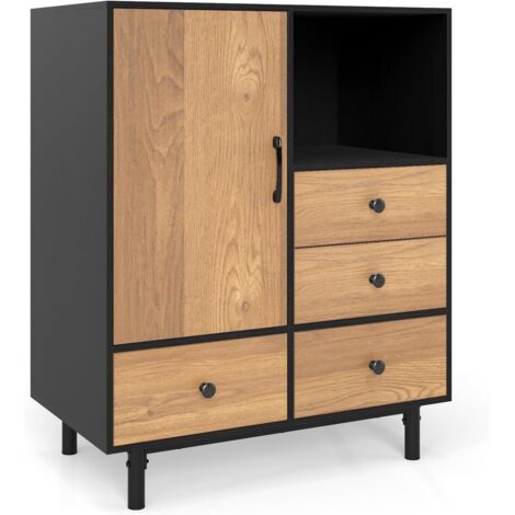 GOPLUS Buffet Meuble de Rangement, Style Moderne avec 4 Tiroir et Compartiment Ouvert, Meuble d'Appoint Autonome Multifonctionnel avec Pieds Métalliques Surélevé Robuste pour Salon, Couloir (Noir) (1/5)