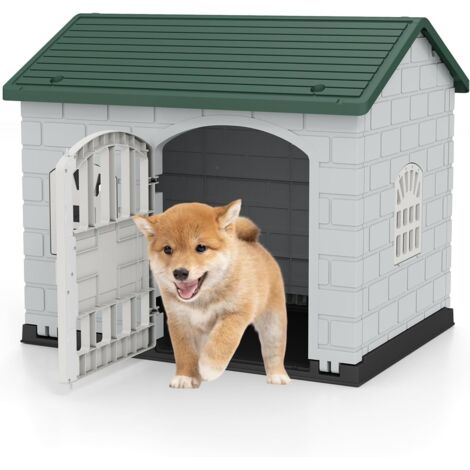 GOPLUS Niche pour Chien Exterieur XXL en PP, Cabane Chien Imperméable&Ventilé, Maison pour Chiot Interieur avec Porte, 3 Fenêtres, Toit Incliné, Plancher Surélevé, Cage pour Chiots, 75x58x65CM (Vert) (1/5)