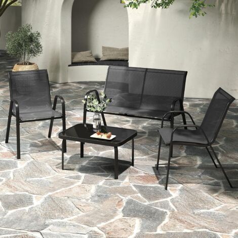 GOPLUS Salon de Jardin 4 Personnes Exterieur, 4 Pcs Canapé Exterieur avec Table Basse en Verre Trempée, 2 Fauteuils, Ensemble de Bistrot pour Terrasse,Balcon (Gris) (1/5)