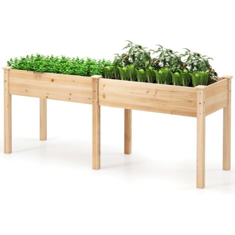 GOPLUS Jardinières Exterieur Surélevé en Bois de Sapin avec Pieds, 184 x 58 x 77 CM, Carre Potager Élevée avec Séparateur, 8 Trous de Drainage, Idéal pour Légumes, Fleurs, pour Patio, Jardin (Naturel) (1/5)
