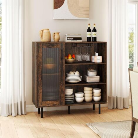 GOPLUS Buffet Bas Salle A Manger avec Étagère Réglable 5 Positions et Compartiments Ouverts, Armoire de Rangement Cuisine avec Porte-Verres pour Restaurant, Bar, 95 x 35 x 98 CM,Marron (1/5)