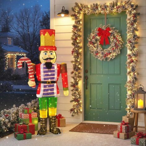 GOPLUS Soldat Casse-Noisette de Noël 170 cm avec Canne Sucre d'orge, Décoration Noël Exterieur avec 110 LED Blanc Chaud, Pièces de Fixation au Sol, Soldat Nutcracker pour Entrée (Canne Sucre d'orge) (1/5)