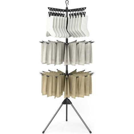 GOPLUS Séchoir Linge à Vêtements Chaussettes 3 Niveaux, Etendoir Linge Pliant avec 32 Tringles pour 24 Pinces, Bras Rotatifs 360° & Support de Pinces Amovible, Trépied pour Buanderie et Balcon (1/5)