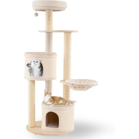 GOPLUS Arbre a Chat en Bois 152 CM avec 2 Niches à Housse Amovible, Arbre à Chat avec Poteaux en Sisal, 6 Plateformes, Balle Suspendue, Hamac et Coussin en Peluche Lavable, Antidérapant, Beige (1/5)