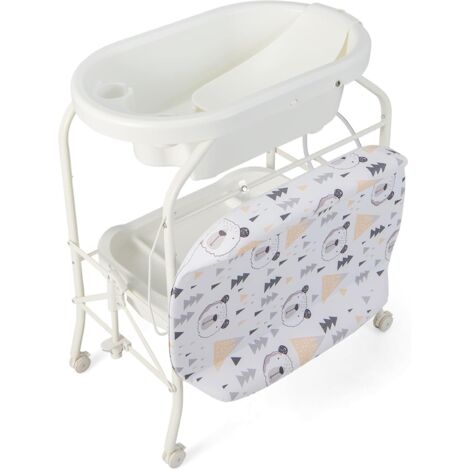 GOPLUS Baignoire Pliable Bébé 4 en 1, Baignoire Bebe sur Pied, avec Panier de Rangement et Roues Verrouillables, Charge 35 KG, Table a Langer avec Baignoire pour 0-12 Mois (Blanc)