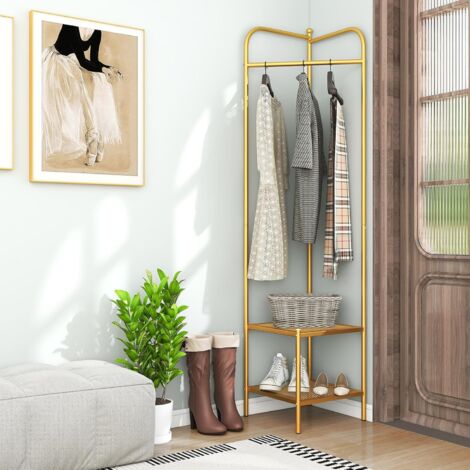 GOPLUS Porte Manteau d'Angle en Métal 194 CM, Porte Manteau sur Pieds avec Cintre Supérieur, 2 Étagères en Treillis et Kit Anti-Basculement, Charge 70 KG, pour Chambre, Couloir, Entrée (Doré) (1/5)