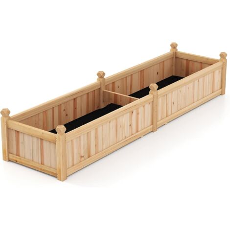GOPLUS Jardinieres Exterieur Carré en Bois de Sapin avec 2 Compartiments, 227 x 59,5 x 40 CM, Jardiniere Balcon avec Fond Amovible, Couche en Tissu et 8 Trous de Drainage, pour Fleur, Légume (Naturel) (1/5)