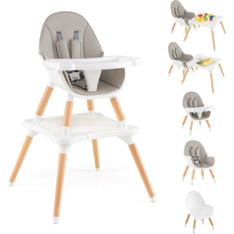 GOPLUS 6-en-1 Chaise Haute Bébé, Chaise Haute Evolutive avec Plateau Amovible, Harnais à 5 Points, Table à Blocs de Construction, Table d'Apprentissage et Chaise en Bois pour 6-36 Mois (Gris)