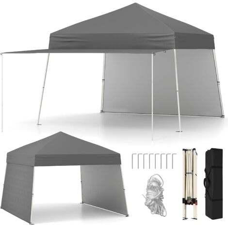 GOPLUS Tonnelle de Jardin Exterieur 430 x 280 x 254/264 CM, avec 2 Parois Latérales, Tente Pliante Montage Facile, Abri Solaire Extérieur avec Pieds Ajustables, 8 Piquets, 4 Cordes, Sac (Gris) (1/5)