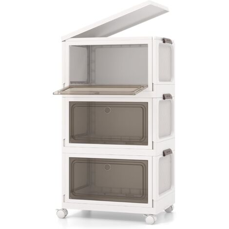 GOPLUS Lot de 3 Boîtes de Rangement Empliable, Portes Transparentes & 4 roulettes Universelles 2 Ouvertures, Armoire Pliable en PP avec Convercle pour Stockage & Présentation, pour Chambre (105 L) (1/5)