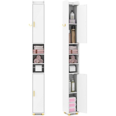 GOPLUS Meuble Colonne Rangement pour Salle de Bain avec Porte-Rouleau Papier Toilette, Armoire Etroit Haut Gain de Place avec 2 Portes,Crochet, Étagère Réglable 3 Niveaux (Blanc)