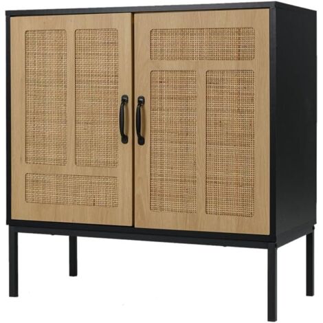 GOPLUS Armoire de Rangement, Buffet avec 2 Portes en Rotin Naturel, Étagère Réglable en 3 Positions, Pieds Métalliques, Kits Antibasculement, Meuble Autonome pour Cuisine, Salle à Manger (Noir) (1/5)