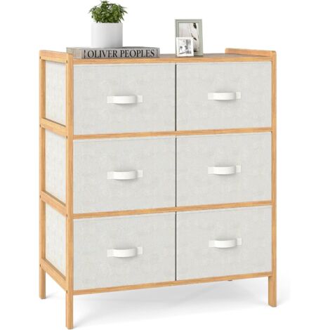 GOPLUS Commode Chambre en Tissu à 3 Niveaux, 66 x 35 x 78,5CM, Commode avec 6 Tiroirs Pliables, Meuble de Rangement Style Moderne avec Dessus en Bambou à Lattes pour Chambre, Salon, Couloir, Entrée (1/5)