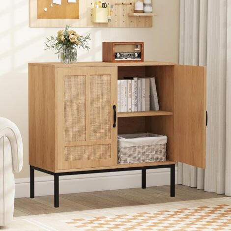 GOPLUS Buffet Cuisine Rotin Cannage, 80 x 38 x 81 CM, Buffet Bas Boheme avec 2 Portes, Étagère Réglable en 3 Positions, Pieds en Métal, Kits Antibascule, Grand Plateau, pour Cuisine, Salon (Naturel) (1/5)
