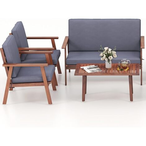 GOPLUS Salon de Jardin Exterieur 4/8 Personnes en Bois Acacia FSC, Canapé Jardin Balcona avec Table Basse, Fauteuil Bois, Siège Rembourré (4 Personnes,Gris) (1/5)