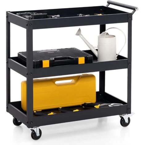 GOPLUS Chariot à Outils 3 Niveaux avec 4 Roues Universelles et Poignée Latérale, Porte-Serviettes, Servante d'Atelier Roulant pour Garage, Salle de Bain, Entrepôt, 76 x 38 x 76 cm,Noir