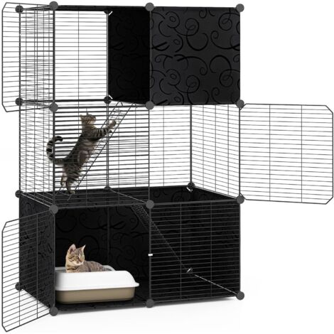 GOPLUS Cage pour Chat Interieur, Enclos Chat en Fil Métallique Modulable avec 3 Portes et 2 Échells, Clôture pour Animaux Compagnie, Montage Personnalisé, Chambre, Salon (74x47x110 CM) (1/5)