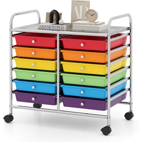 GOPLUS Chariot Rangement avec 12 Tiroirs Amovibles PP,Chariot à roulettes avec Roues Bloquantes et Poignées, Cadre en Métal pour Salon, Cuisine, Max. 10KGx6, 62,5 x 37 x 62,5CM (Arc en Ciel) (1/5)